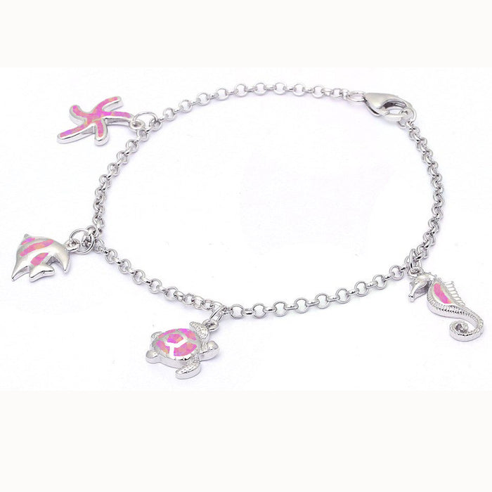 Pink Opal Sea Horse, Turtle, Fish & Starfish .925 Sterling Silver Bracelet