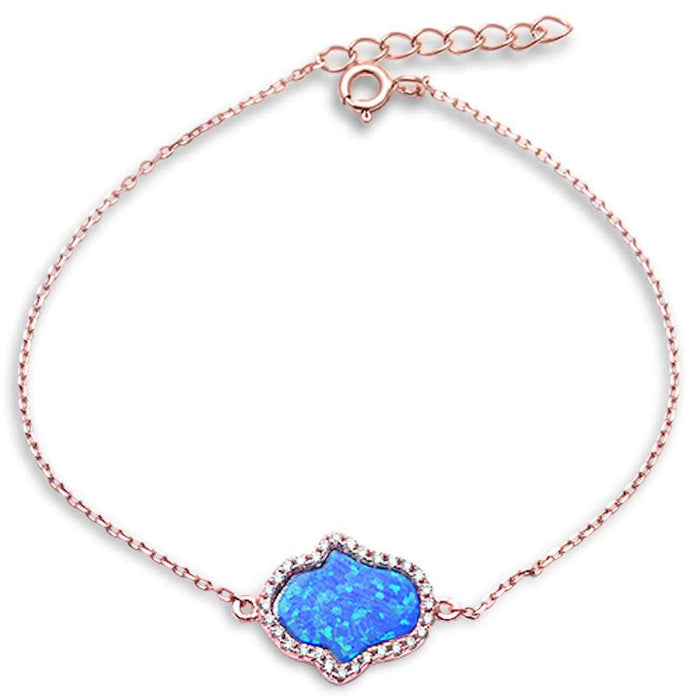 CLOSEOUT! Rose Gold Plated Blue Opal & Cubic Zirconia Hamsa .925 Sterling Silver Bracelet
