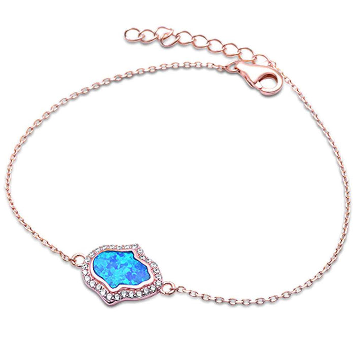 CLOSEOUT! Rose Gold Plated Blue Opal & Cz Hamsa Symbol .925 Sterling Silver Bracelet