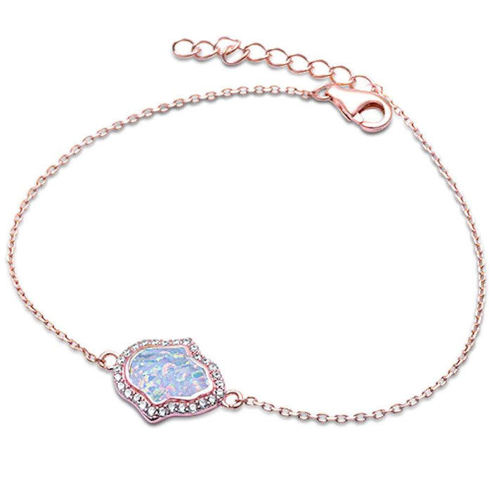 CLOSEOUT! Rose Gold Plated White Opal & Cz Hamsa Symbol .925 Sterling Silver Bracelet