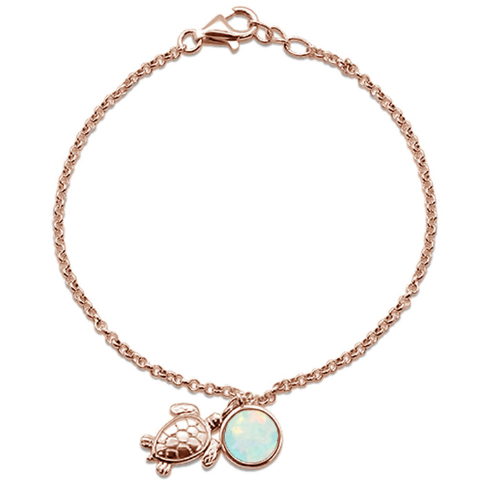 CLOSEOUT! Round Rose Gold Plated White Opal Turtle .925 Sterling Silver Bracelet 7.5" Long