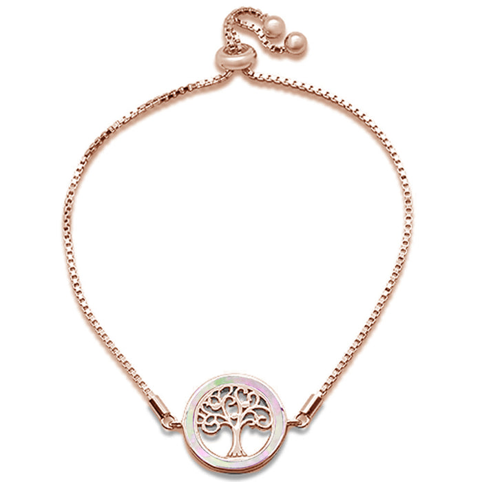 CLOSEOUT!Rose Gold Plated Pink Opal Tree Of Life Whimsical .925 Sterling Silver 7-9" Adjustable Toggle Bola Bracelet