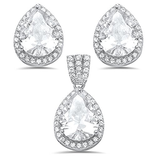 CLOSEOUT! Pear Shape Cubic Zirconia .925 Sterling Silver Pendant & Earring Set