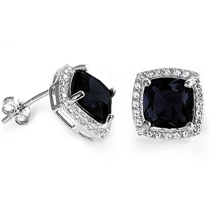 Cushion Cut Black Onyx & Cubic Zirconia .925 Sterling Silver Earrings