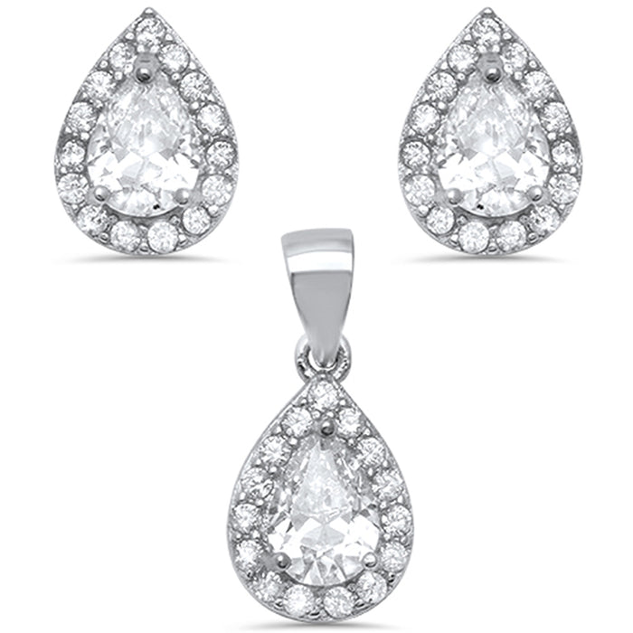 CLOSEOUT!Pear Shape Cubic Zirconia .925 Sterling Silver Earring & Pendant Set