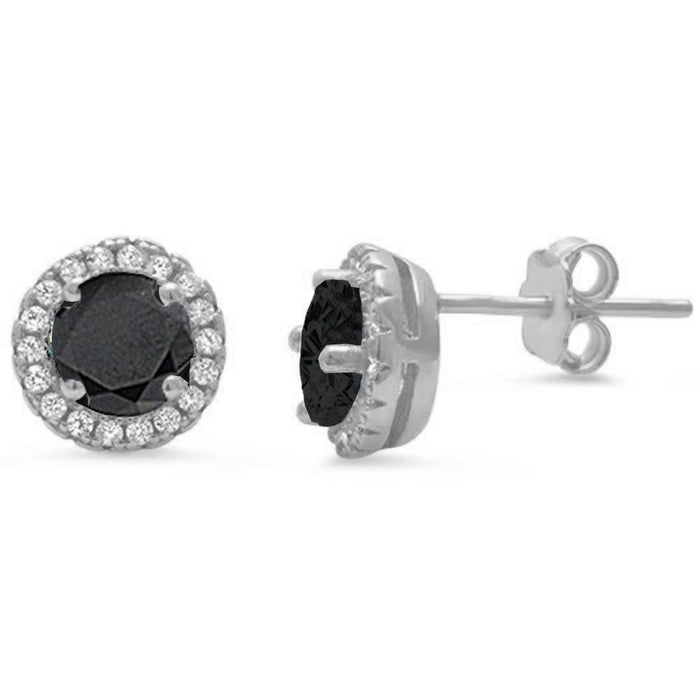 Halo Black Cubic Zirconia Stud .925 Sterling Silver Earrings