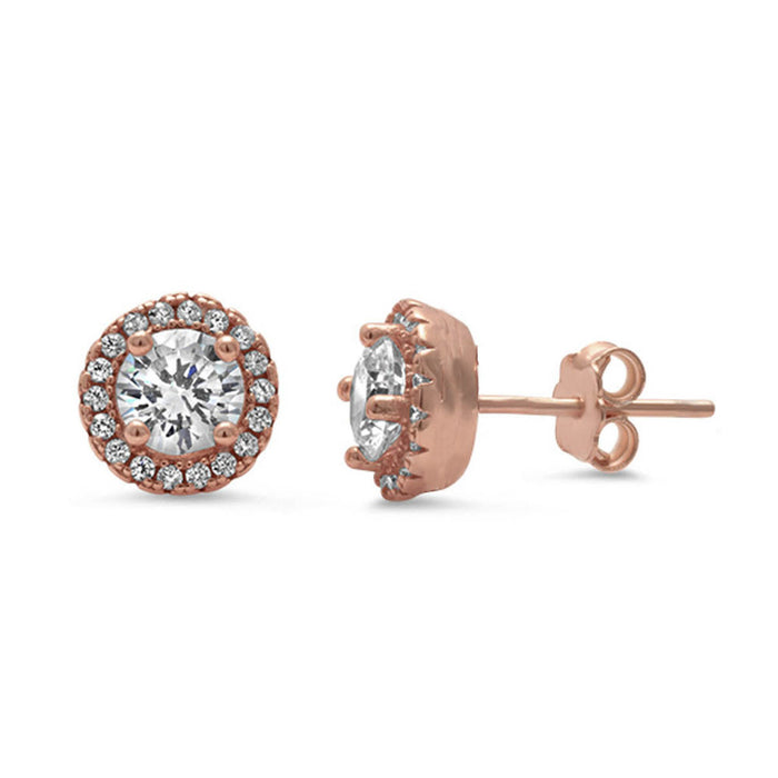 CLOSEOUT! Rose Gold Plated Halo Cubic Zirconia .925 Sterling Silver Earrings