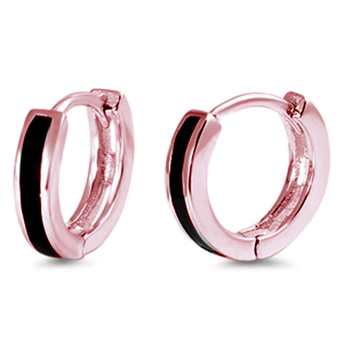 CLOSEOUT! Rose Gold Plated Black Onyx Bar Huggie Hoop .925 Sterling Silver Earrings