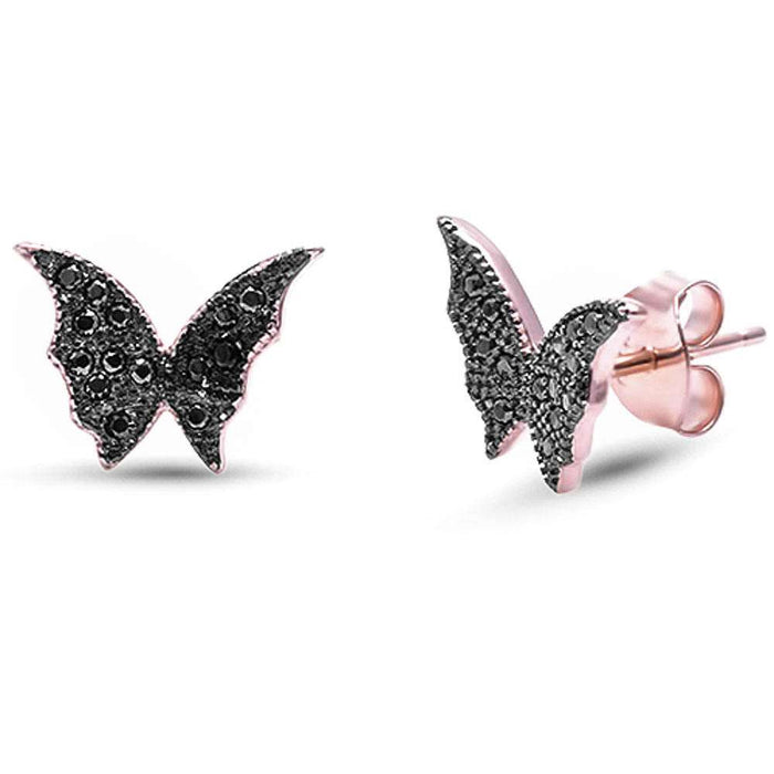 CLOSEOUT!Rose Gold Plated Black Cubic Zirconia Butterfly .925 Sterling Silver Earrings