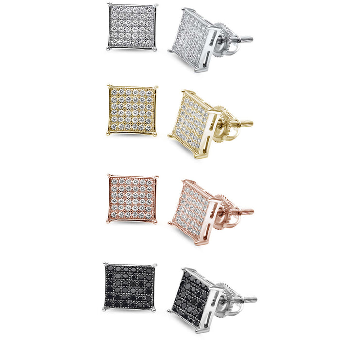 8MM Micro Pave Princess Cubic Zirconia .925 Sterling Silver Stud Earrings Colors Available!