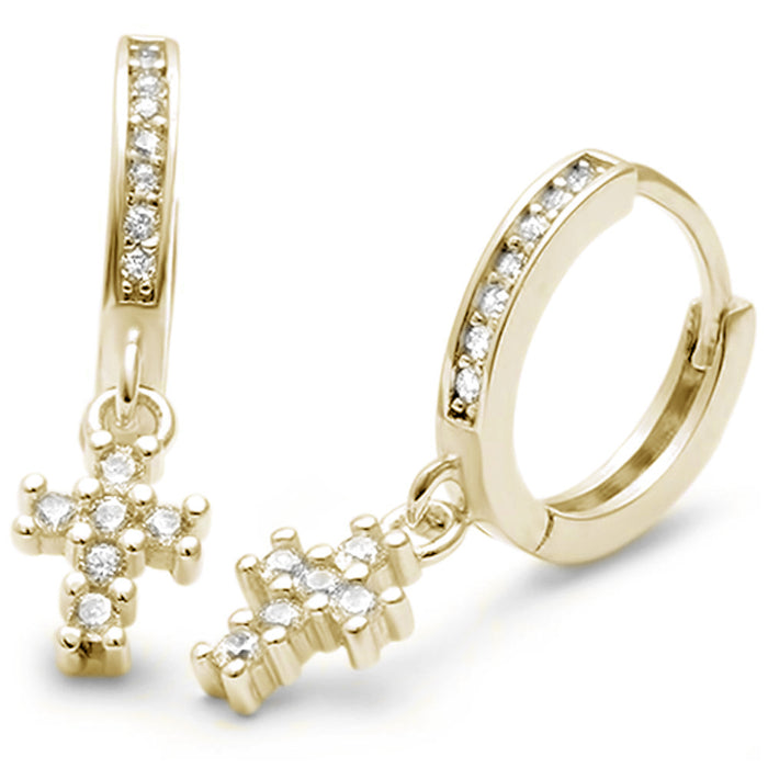 CLOSEOUT! Yellow Gold Plated Cubic Zirconia Cross Hoop .925 Sterling Silver Earrings