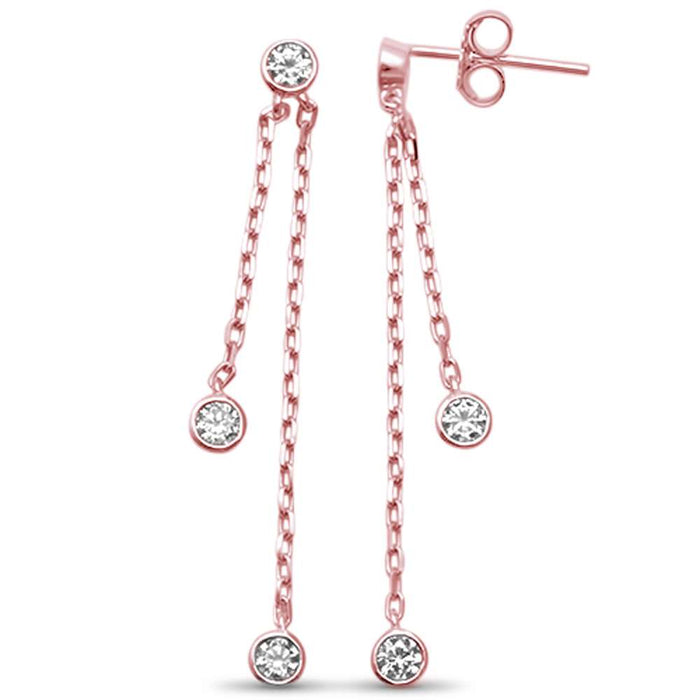 CLOSEOUT! Rose Gold Plated Bezel Dangling Cubic Zirconia .925 Sterling Silver Earrings