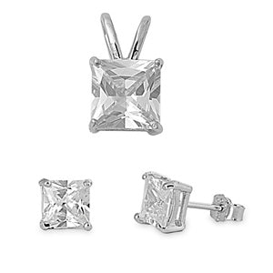 Silver Princess Cut Cz .925 Sterling Silver Pendant & Earring set
