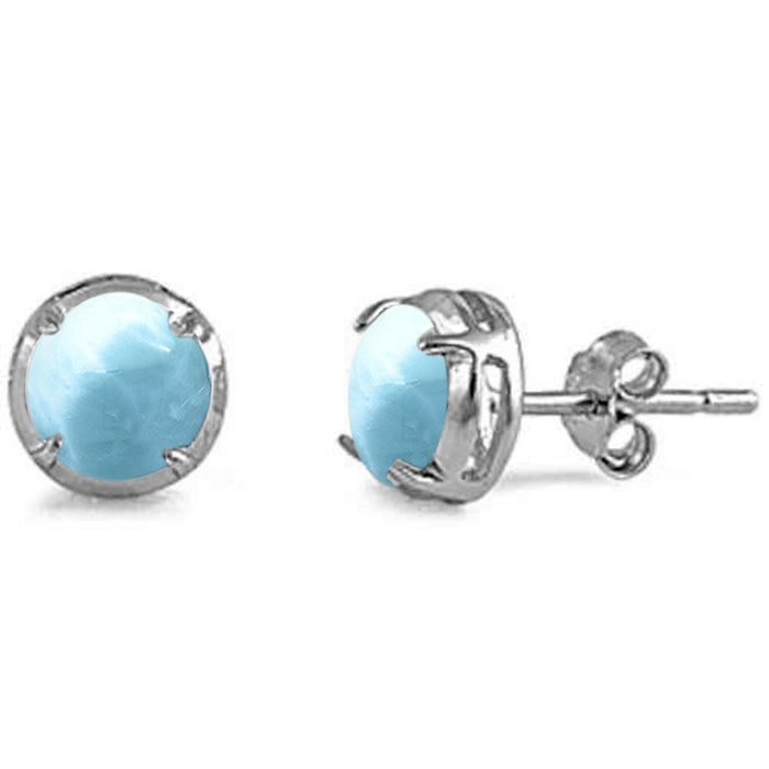Round Shape Natural Larimar Stud .925 Sterling Silver Earrings