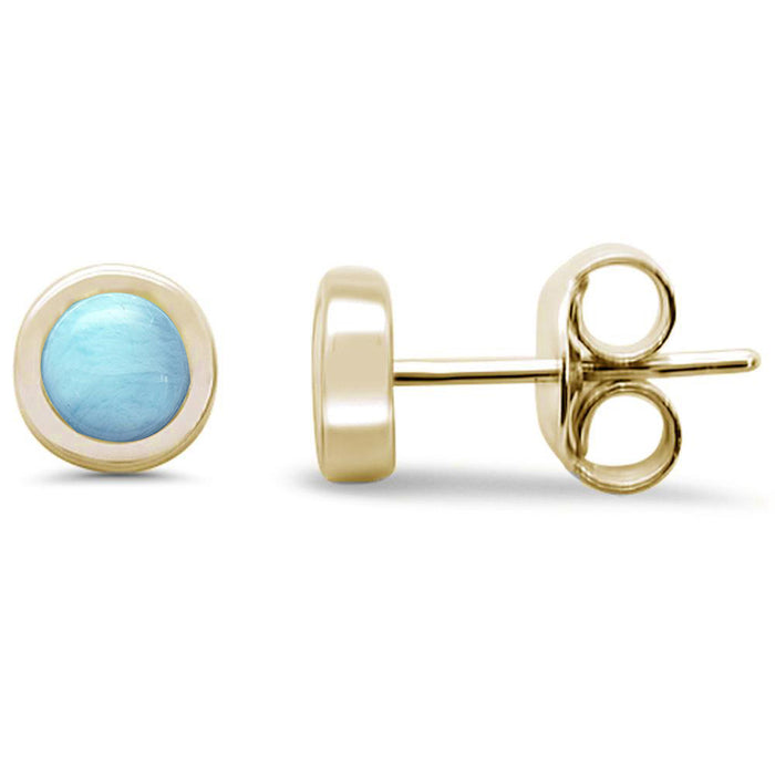 Yellow Gold Plated Round Natural Larimar Stud .925 Sterling Silver Earrings