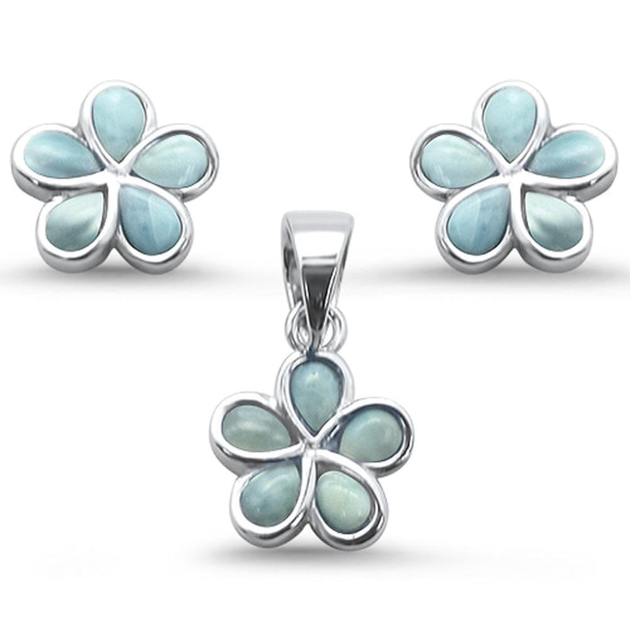 Plumeria Flower Natural Larimar .925 Sterling Silver Earring & Pendant Set
