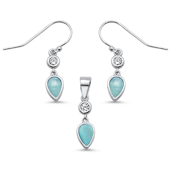 Natural Larimar Teardrop & Cz Dangle Earring & Pendant .925 Sterling Silver Set