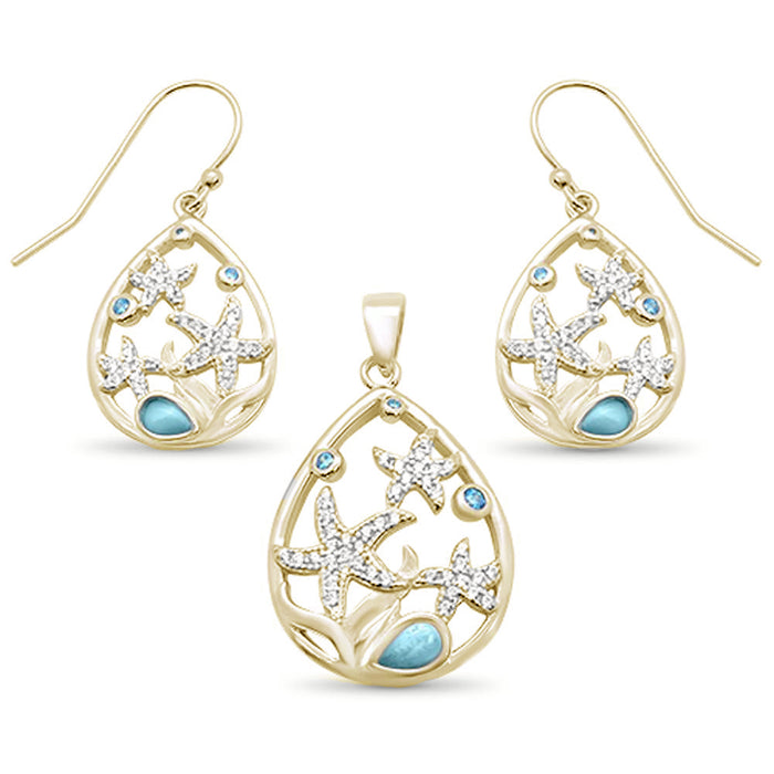 Yellow Gold Plated Natural Larimar & Aquamarine Star Cz Drop Pendant & Earring .925 Sterling Silver Set
