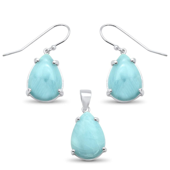 Natural Larimar Pear Shape Dangle Earring & Pendant .925 Sterling Silver Set