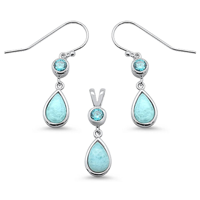 Natural Larimar Pear Shape & Aquamarine Dangle Earring & Pendant .925 Sterling Silver Set