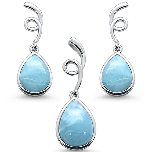 Natural Larimar Pear Shape Spiral Dangle Earring & Pendant .925 Sterling Silver Set