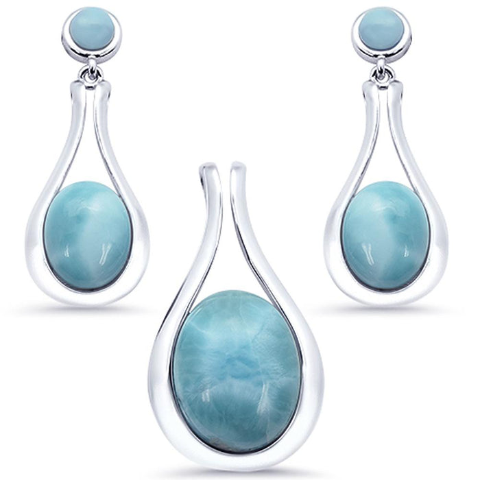 Modern Oval Larimar .925 Sterling Silver Earring & Pendant Set