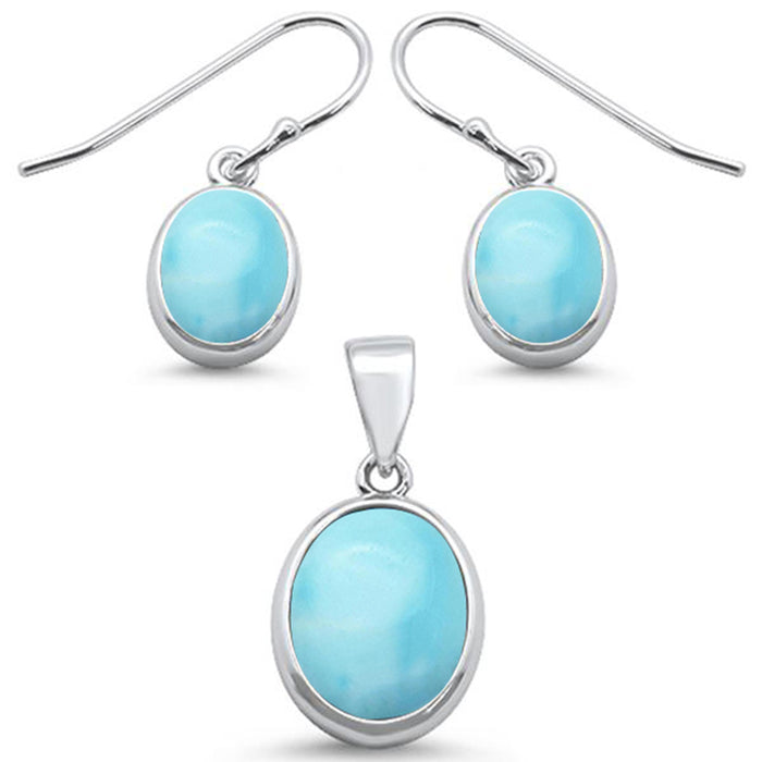 Oval Natural Larimar Design .925 Sterling Silver Pendant & Earring Set