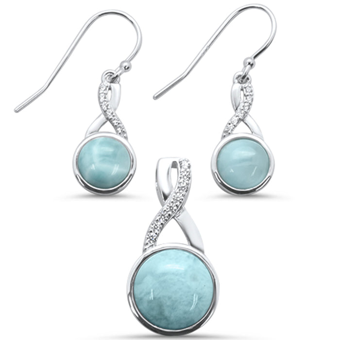Round Natural Larimar & Cubic Zirconia .925 Sterling Silver Earring & Pendant Set