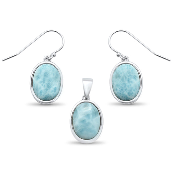 Oval Natural Larimar .925 Sterling Silver Pendant & Earrings Set