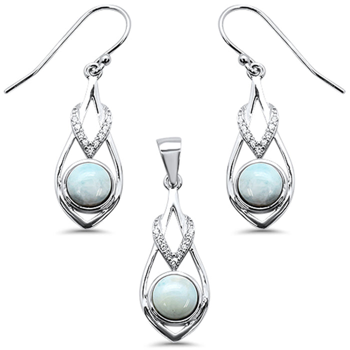 Natural Larimar & Cubic Zirconia .925 Sterling Silver Pendant & Earring Set