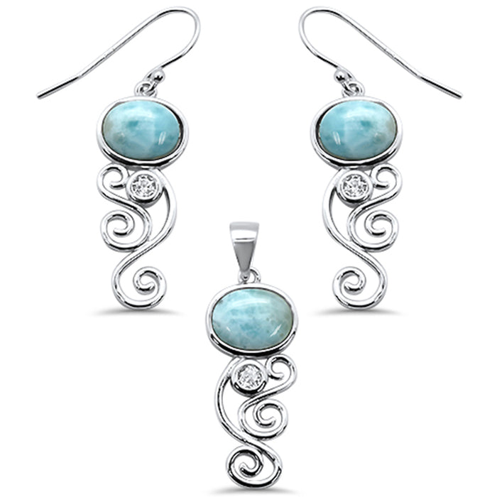Oval Natural Larimar & Cz .925 Sterling Silver Pendant & Earring Set