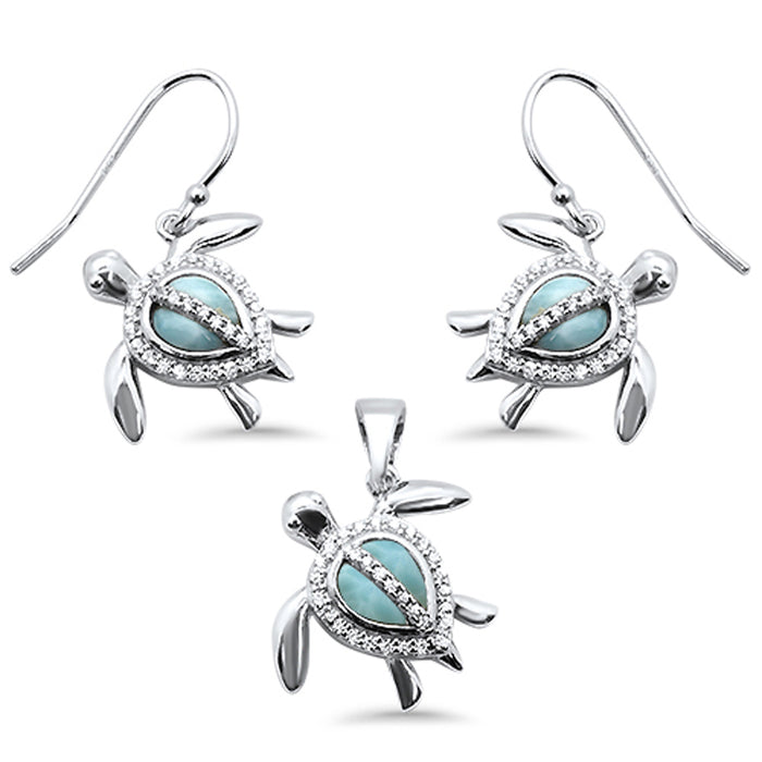 Natural Larimar & Cubic Zirconia Turtle .925 Sterling Silver Pendant & Earrings Set