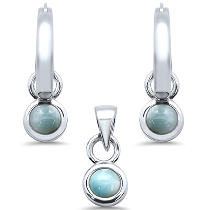 Natural Larimar Dangling .925 Sterling Silver Pendant & Earring Set