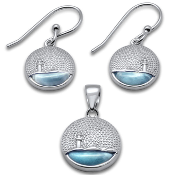 Natural Larimar Lighthouse Scenery .925 Sterling Silver Pendant & Earring Set