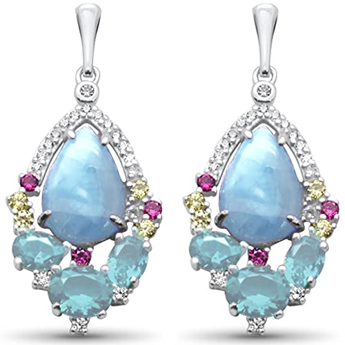 Pear Shaped Natural Larimar, Aquamarine, Multi Color & White CZ .925 Sterling Silver Earrings