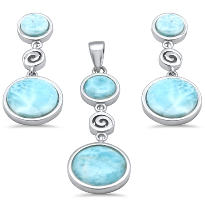 Round Natural Larimar & Swirl Dangling .925 Steling Silver Pendant & Earrings Set