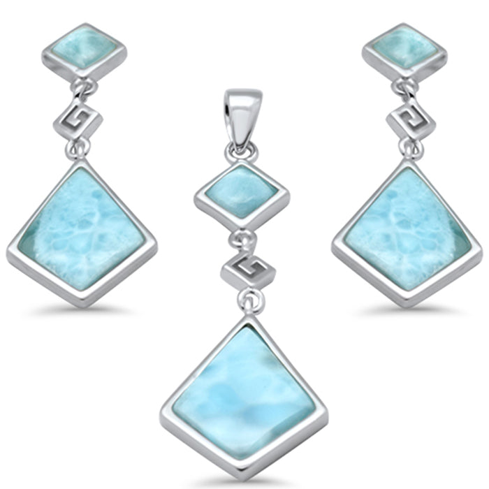 Natural Larimar Dangling .925 Sterling Silver Pendant & Earrings Set