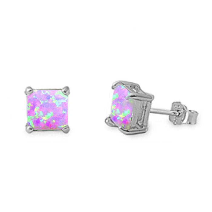 Princess Cut Pink Opal Stud .925 Sterling Silver Earrings