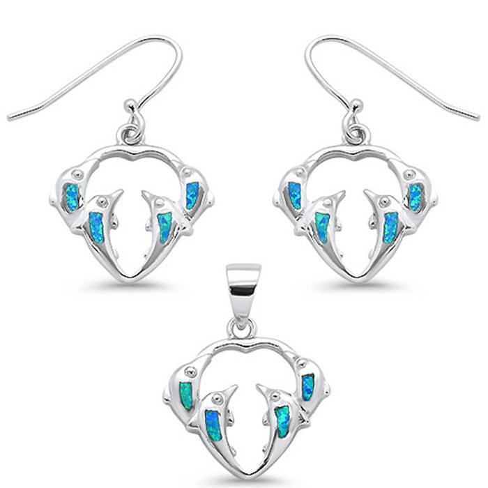 CLOSEOUT! Blue Opal Dolphin Dangling Earring & Pendant .925 Sterling Silver Set