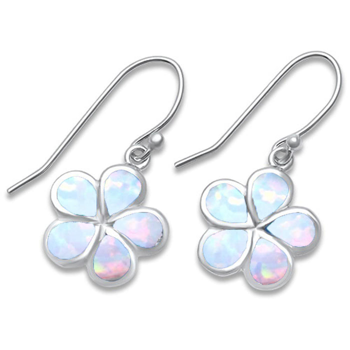 White Opal Flower Dangle Drop .925 Sterling Silver Earrings