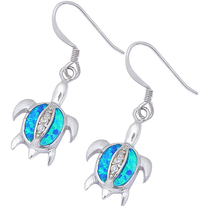 Blue Opal & Cz Turtle .925 Sterling Silver Fish Hook Earrings