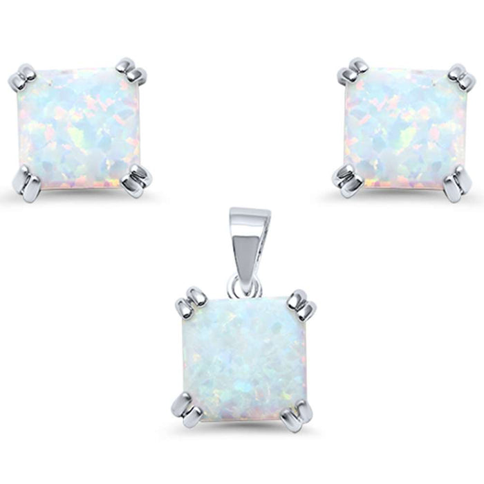 White Opal Cushion Cut .925 Sterling Silver Earring and Pendant Set
