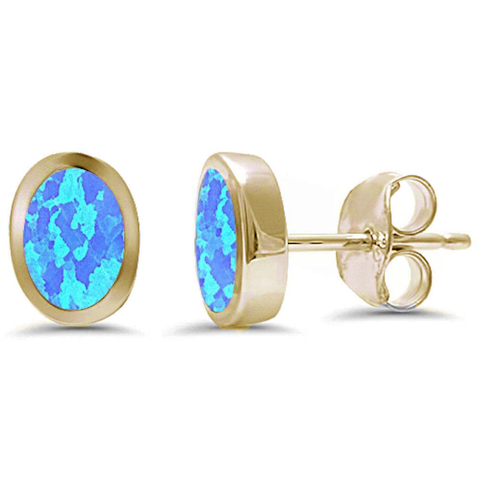 CLOSEOUT! Yellow Gold Plated Oval Shape Bezel Blue Opal .925 Sterling Silver Earrings