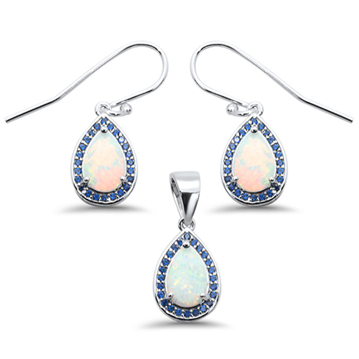 Pear Shape White Opal & Blue Sapphire Cubic Zirconia .925 Sterling Silver Earring & Pendant Set