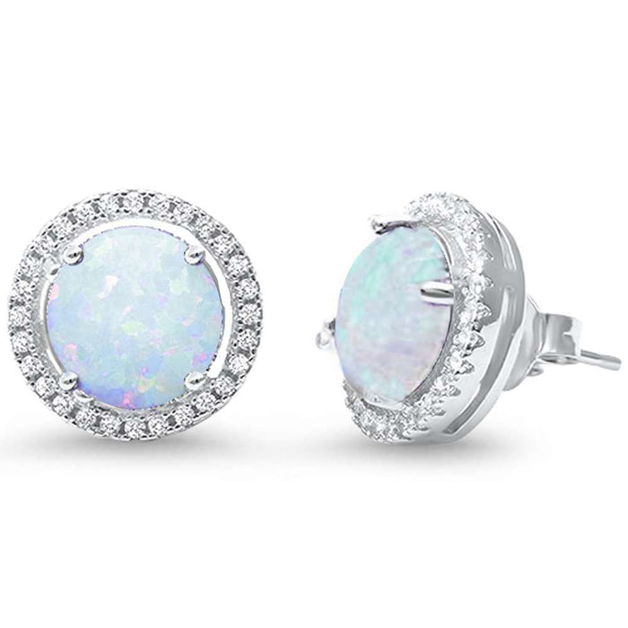 Halo Lab Created White Opal .925 Sterling Silver Earrings