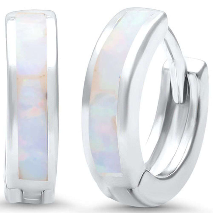 White Opal .925 Sterling Silver Hoop Huggie Earrings