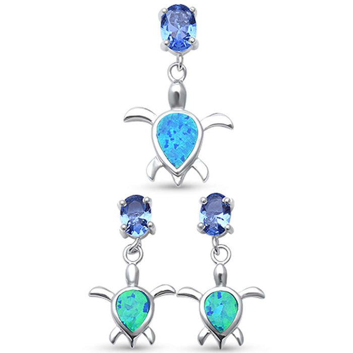 CLOSEOUT! Blue Opal Turtle & Tanzanite Cubic Zirconia .925 Sterling Silver Pendant Set