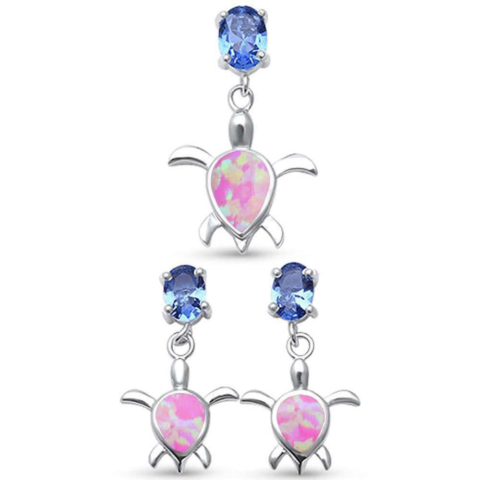 CLOSEOUT! Lab Created Pink Opal Turtle & Tanzanite Cubic Zirconia .925 Sterling Silver Earring & Pendant Set