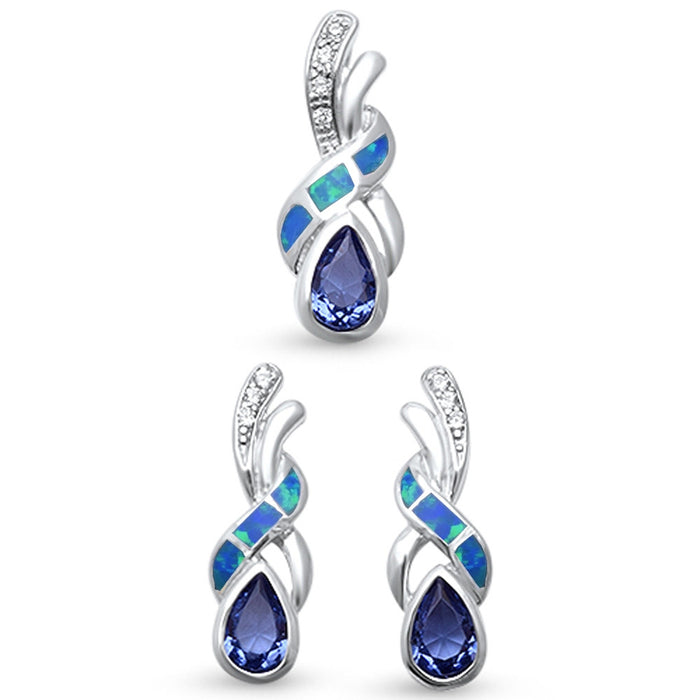 CLOSEOUT! Twisted Blue Opal & Tanzanite Cubic Zirconia .925 Sterling Silver Pendant Set