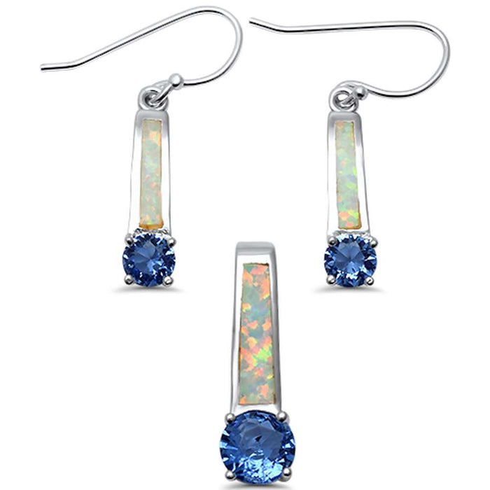 CLOSEOUT! Dangling White Opal & Tanzanite Cubic Zirconia Set .925 Sterling Silver Pendant & Earring Set